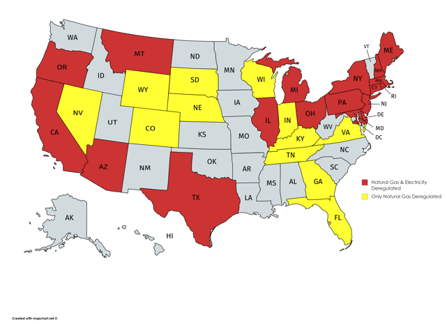 Map Of Energy Deregulated States In The U S